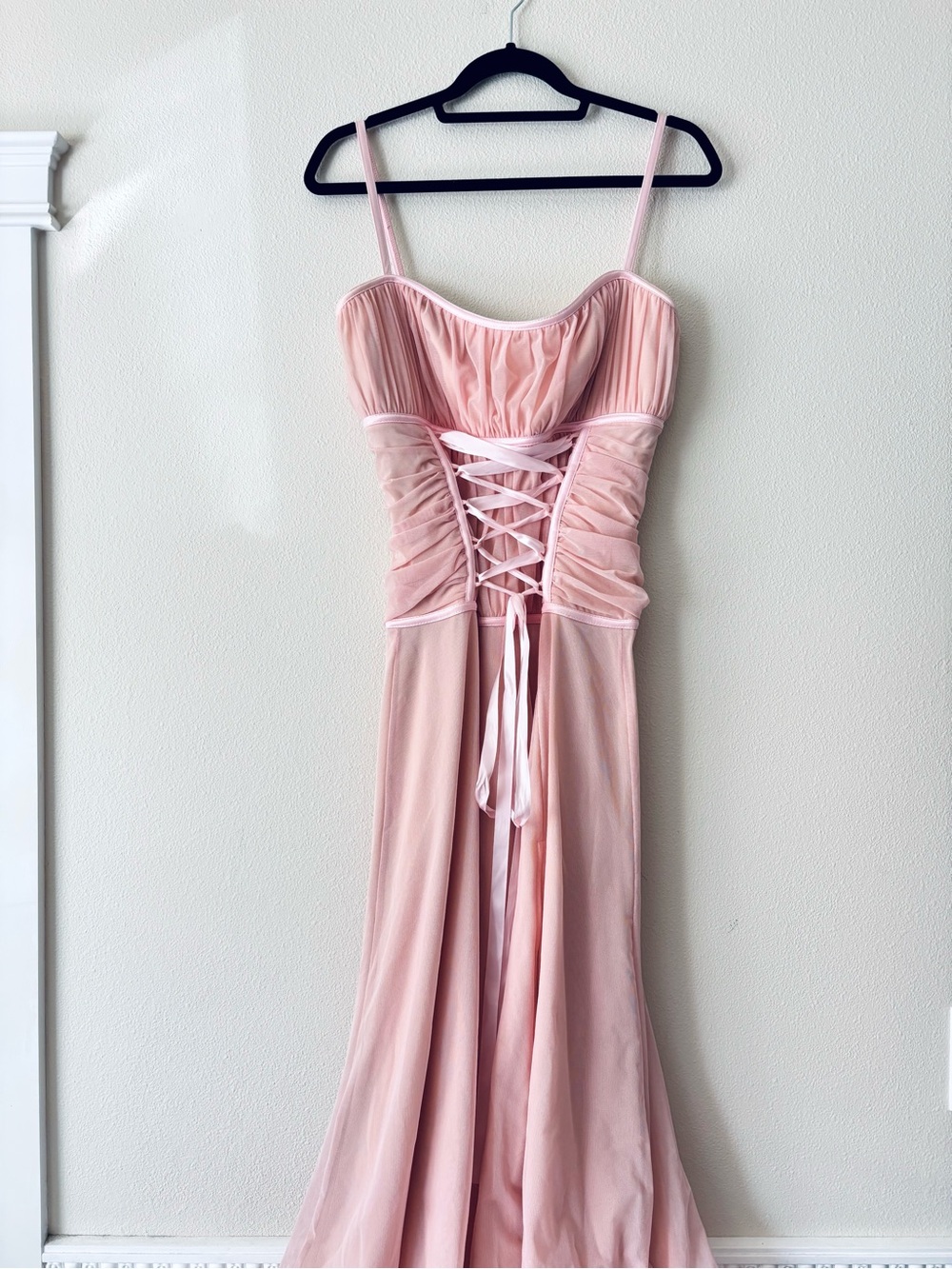 Tadashi Shoji Vintage Blush Pink Balletcore Lace-Up Mesh Maxi Dress Size 8 - Picture 2 of 11